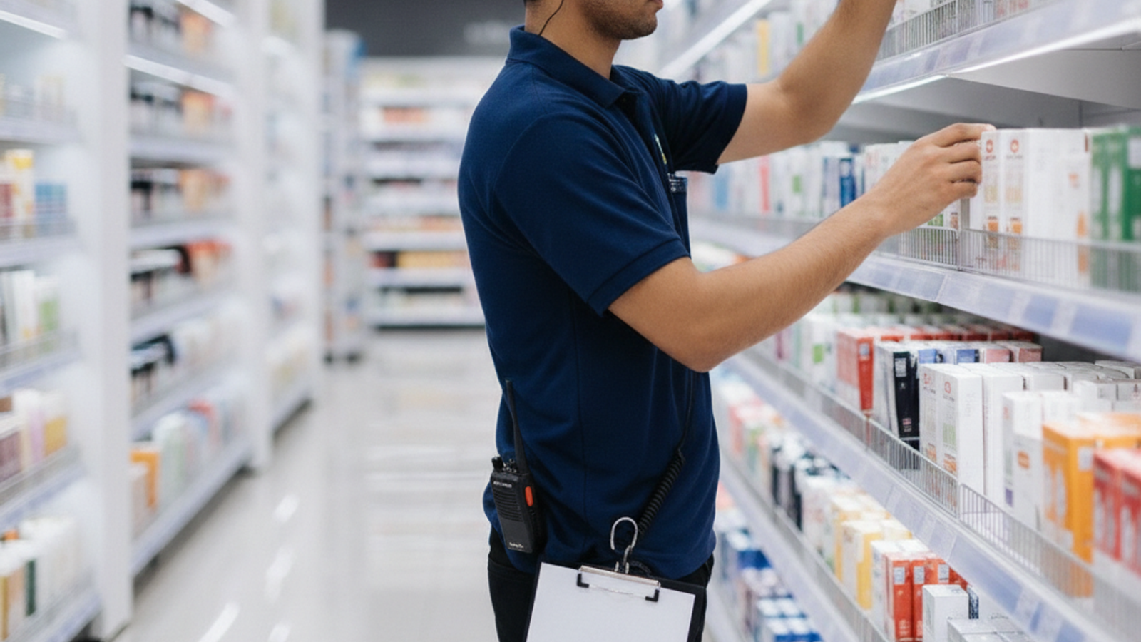 merchandiser arranging products on shelves in a Dubai retail store