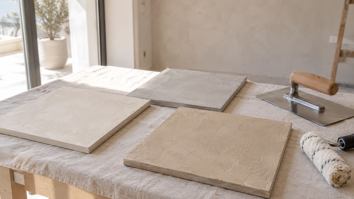 Three thin-finish sample boards beside a finishing trowel and roller