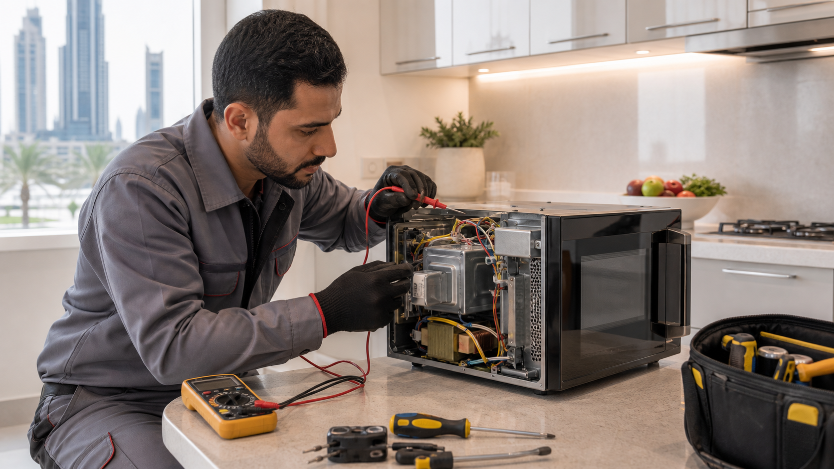 appliance technician inspecting a microwave repair in a Dubai apartment kitchen