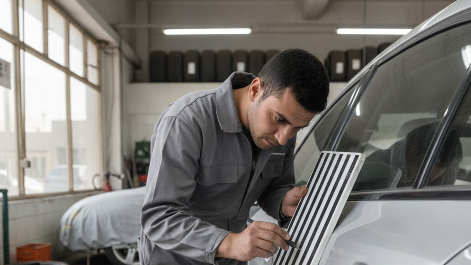 technician inspecting a small car dent with a reflection board in Dubai