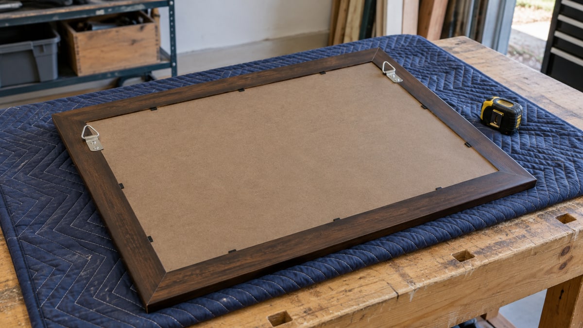 Back of a wooden-framed mirror supported on a padded workbench with two attached hanging plates