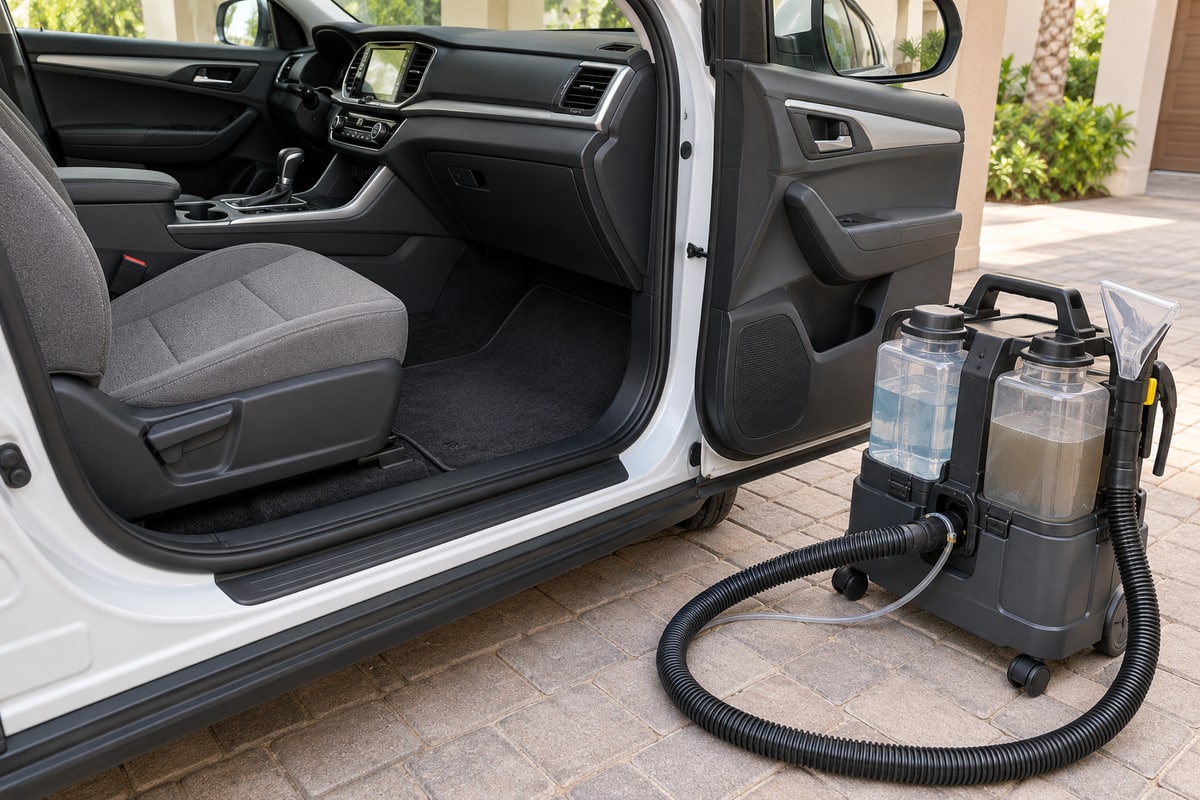 Upholstery extraction equipment prepared beside the open passenger door of a parked car