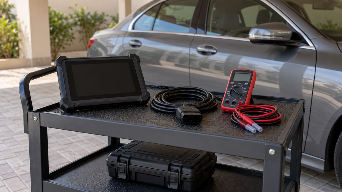 Diagnostic tablet, vehicle connector cable and multimeter laid out on a trolley.