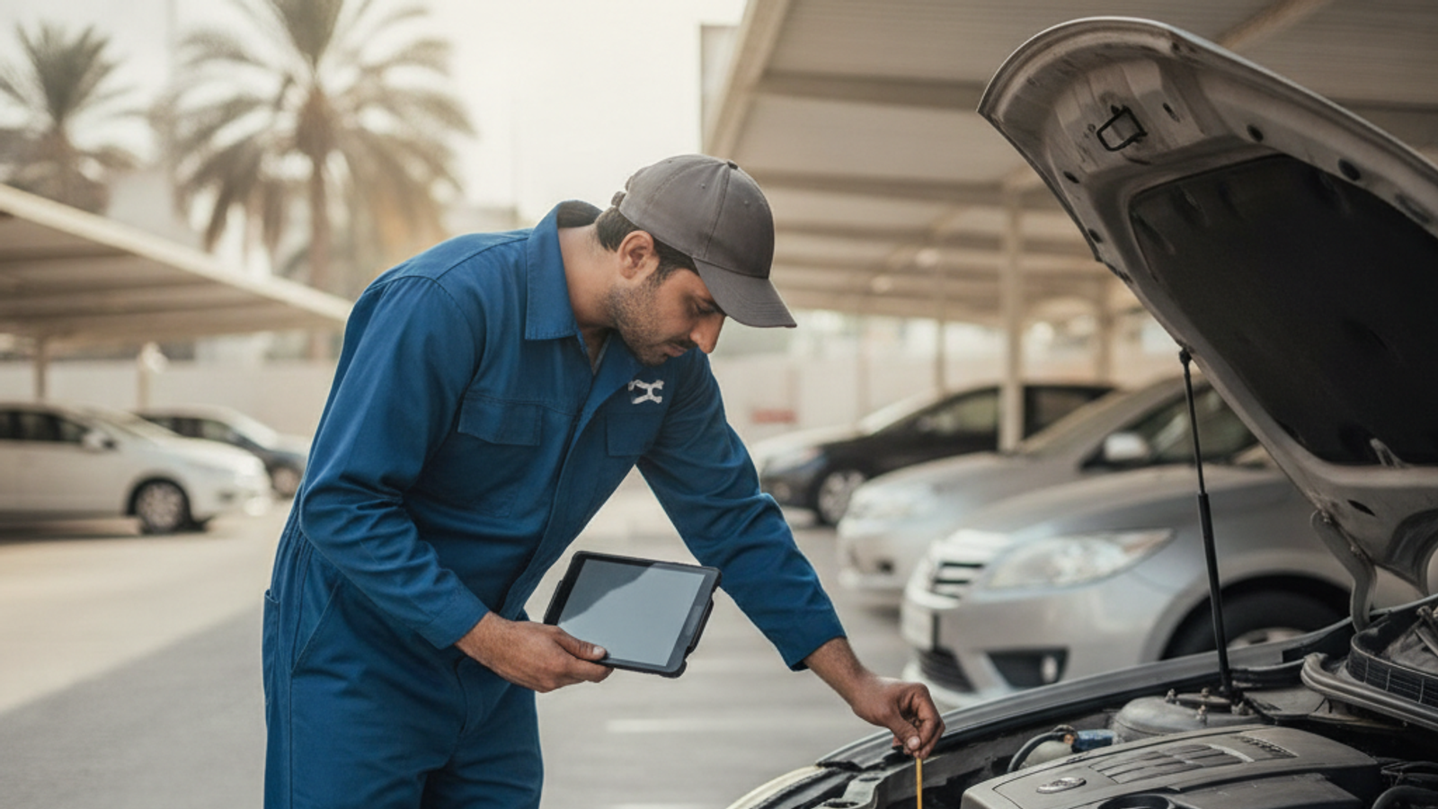 mobile mechanic checking a car engine in a Dubai parking area