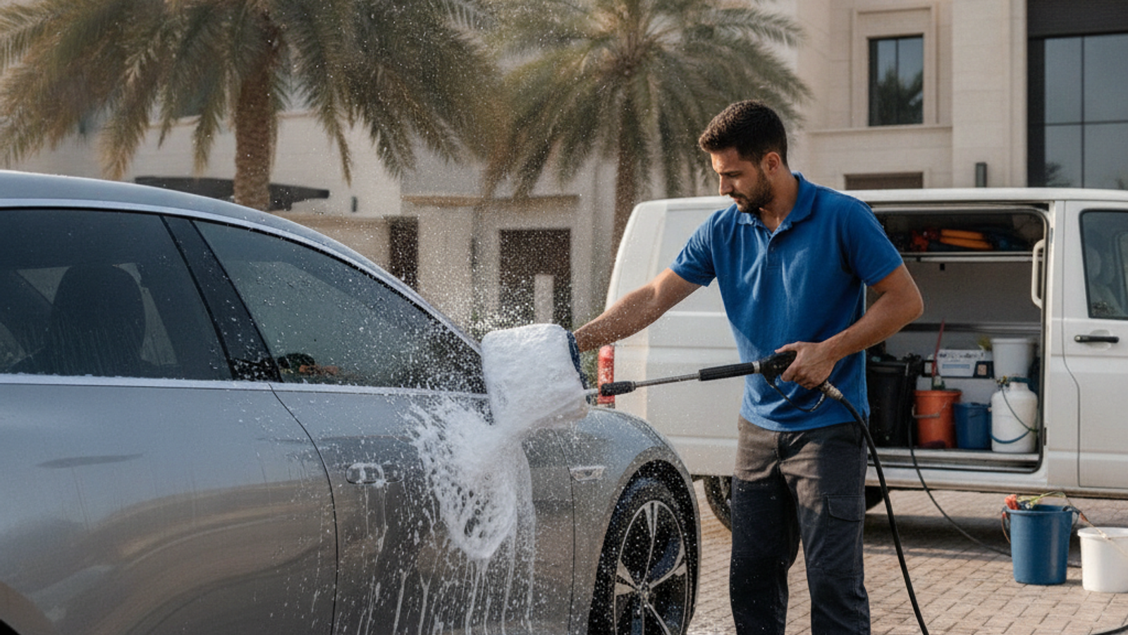 mobile car wash worker cleaning a car at a Dubai villa driveway