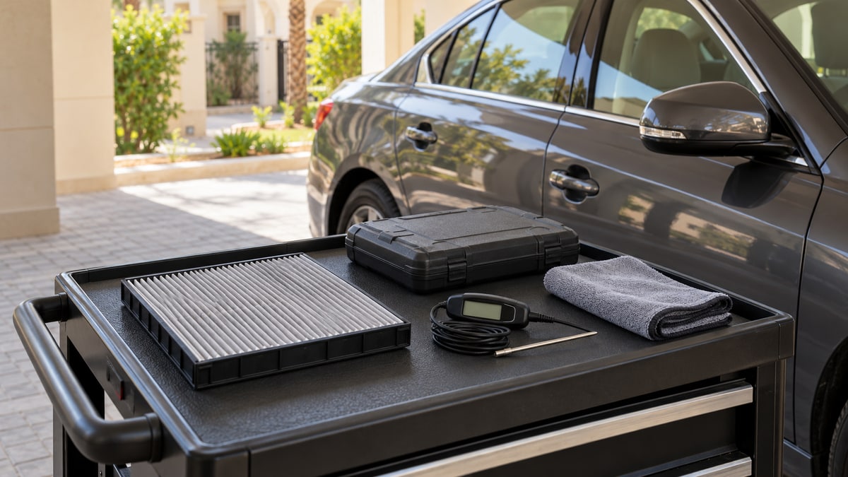 Cabin filter, probe thermometer and closed tool case prepared beside a parked car.