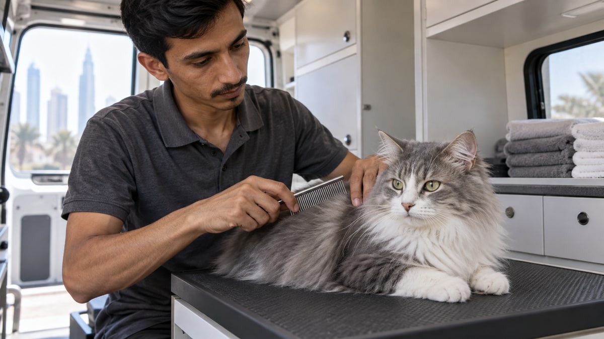 Groomer using a comb gently on a calm grey and white long-haired cat