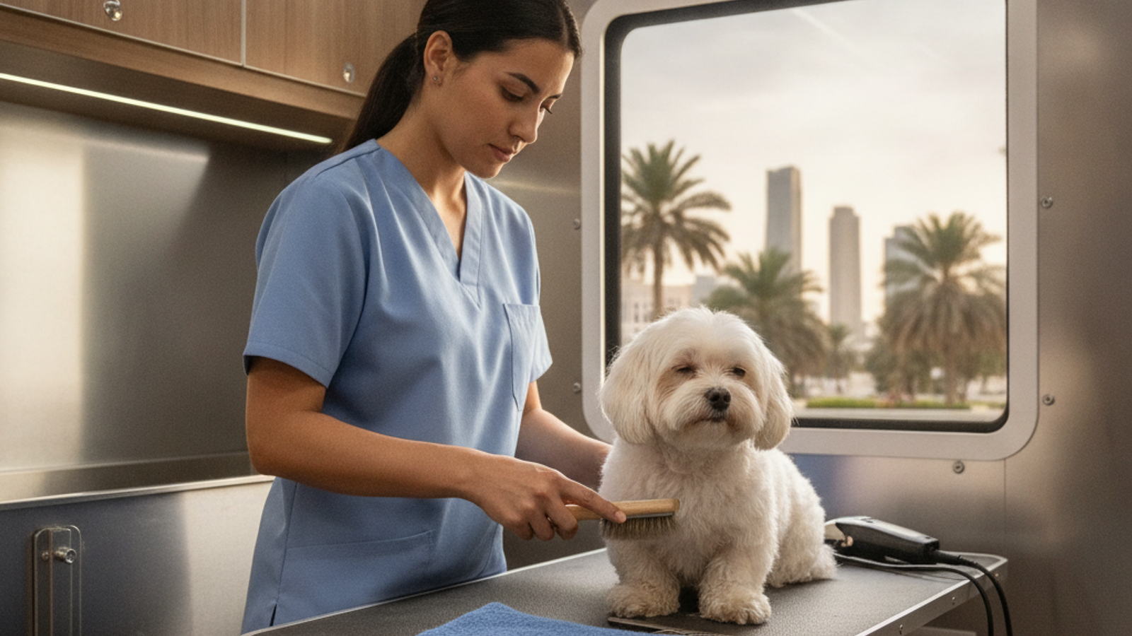 mobile pet groomer brushing a calm dog in Dubai