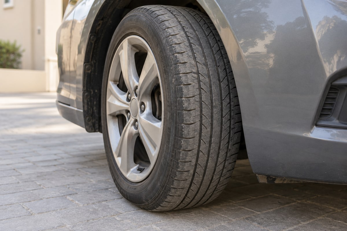 Mounted wheel and tyre visible during an exterior used-car condition assessment.
