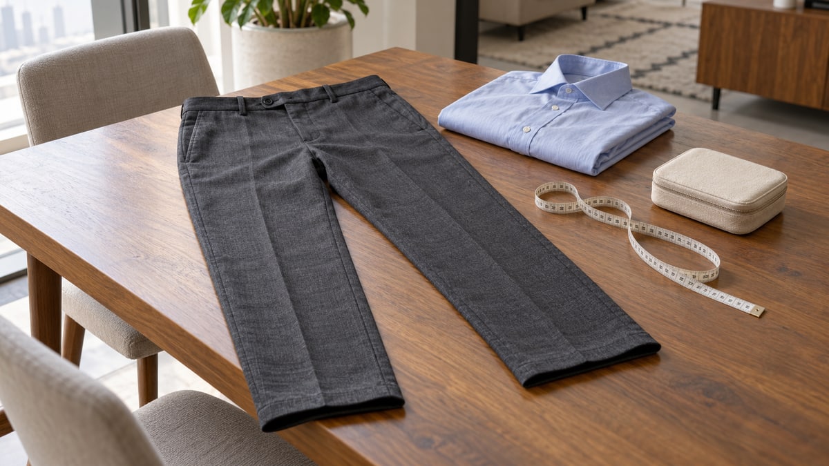 Trousers, a folded shirt and measuring tape prepared for a home tailoring appointment