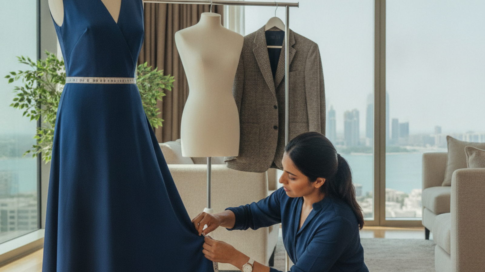 mobile tailor measuring a garment during a Dubai home appointment