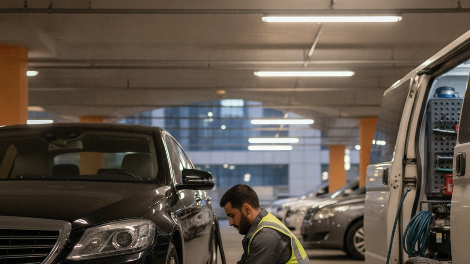 mobile tyre technician changing a car tyre in Dubai parking area