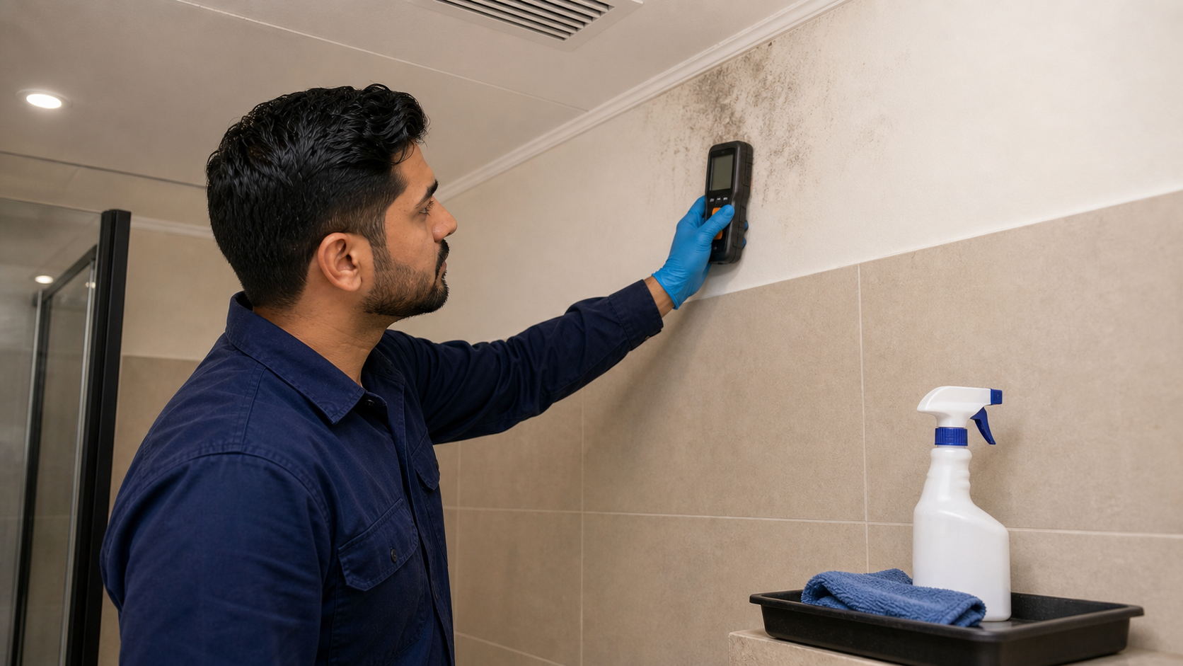 male technician using a moisture meter on a bathroom wall before mold remediation in Dubai