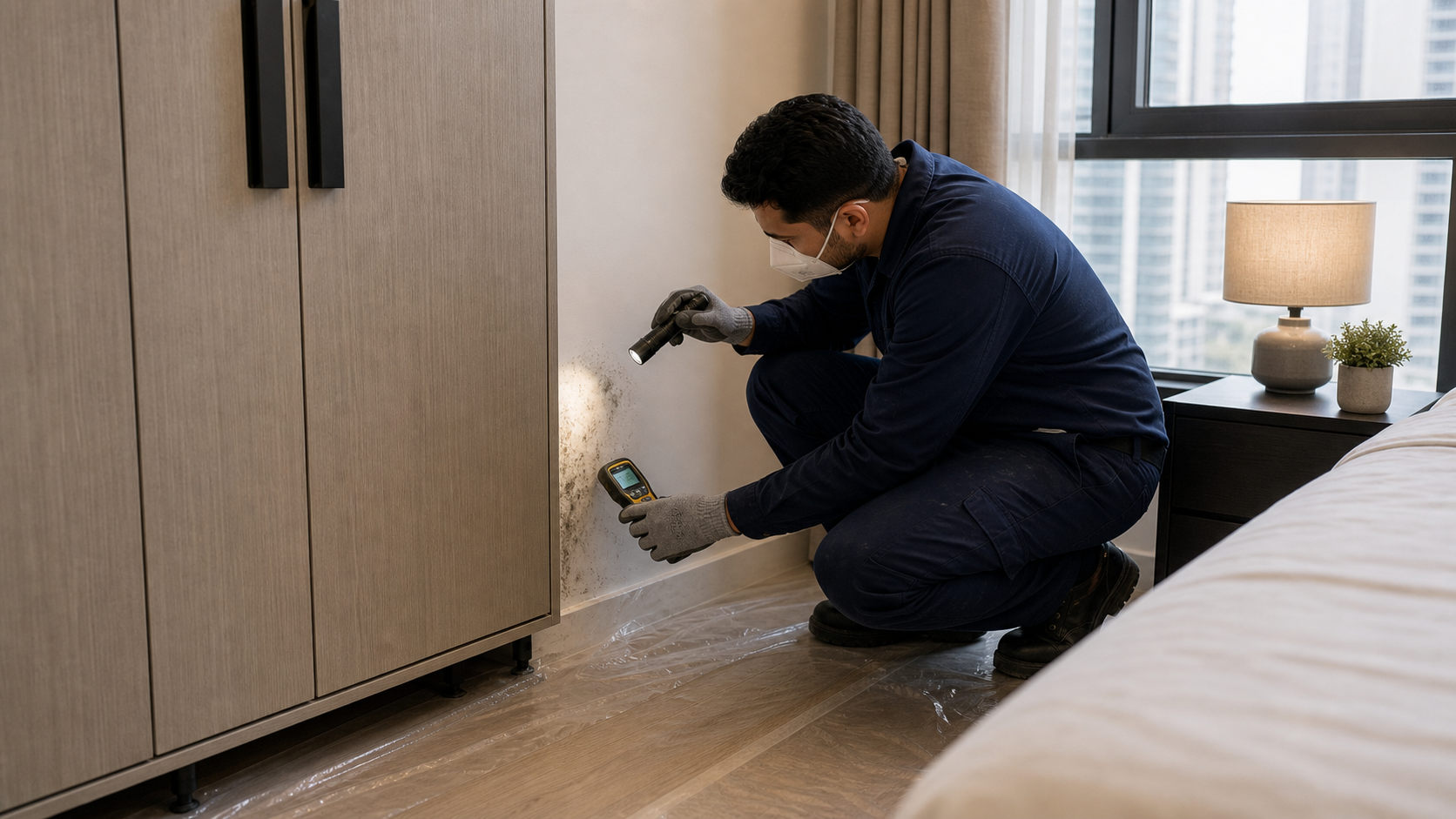 male remediation technician inspecting mold near a wardrobe wall in a Dubai apartment
