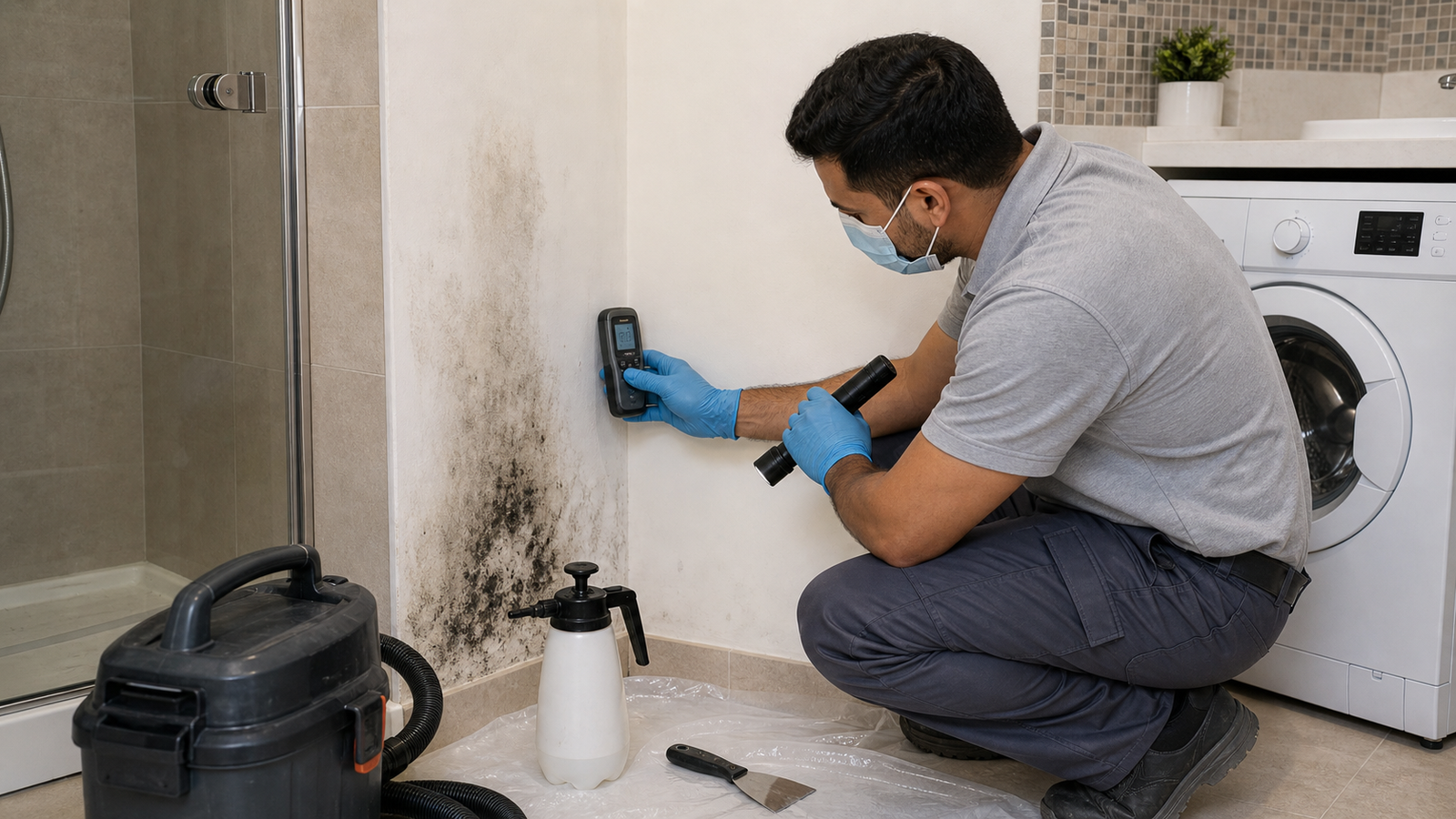 mold remediation technician inspecting a damp wall in a Dubai bathroom