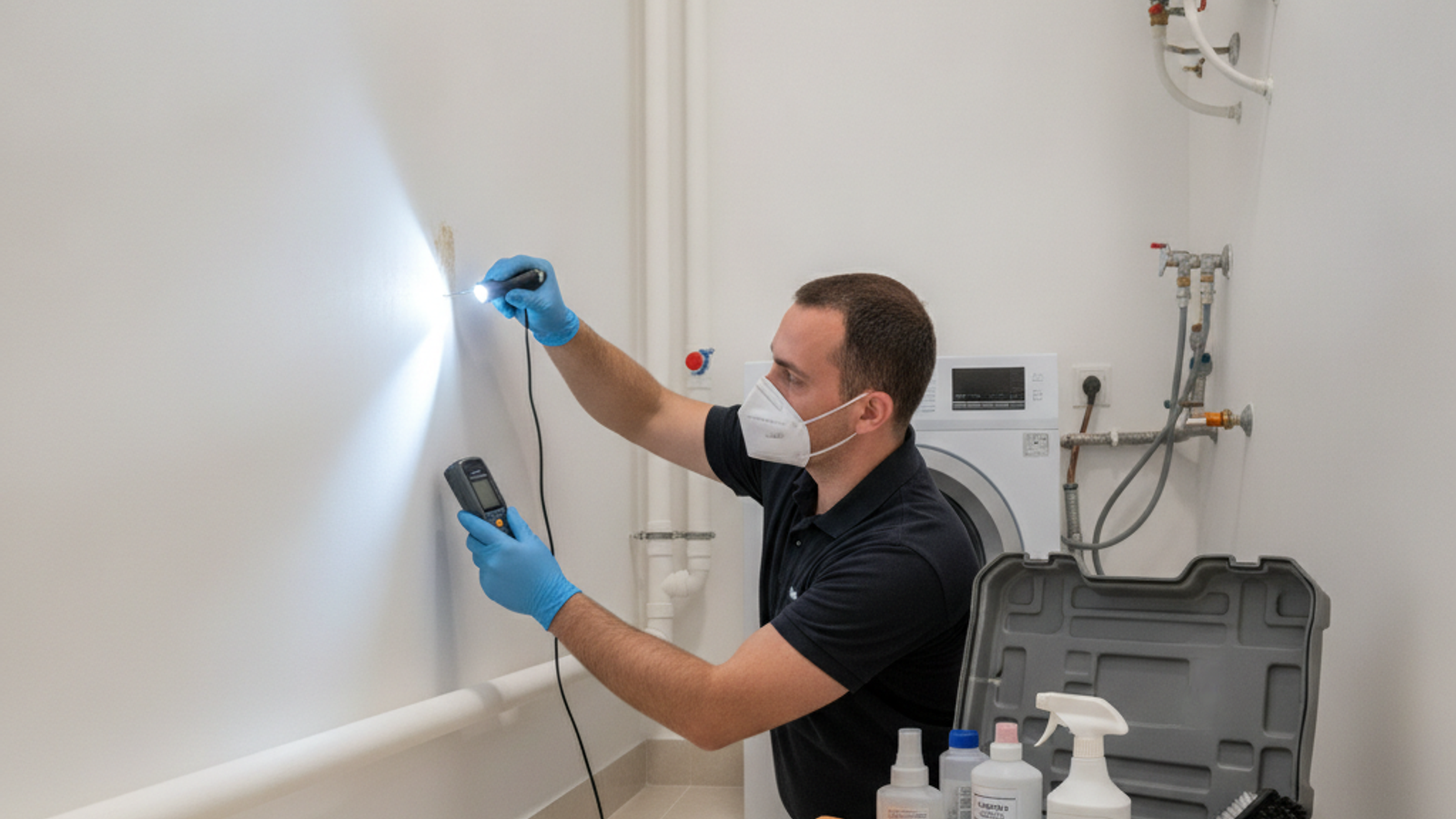 mold remediation technician inspecting a damp wall in a Dubai bathroom