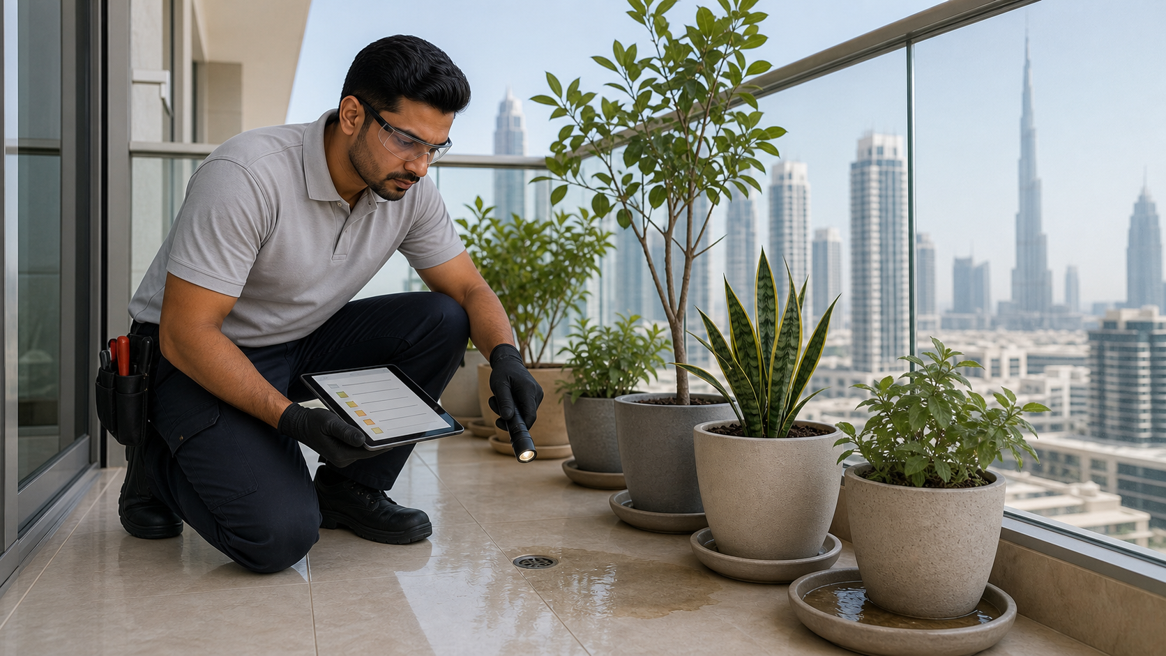 male pest control technician checking balcony plant saucers and drain for mosquito breeding risk in Dubai