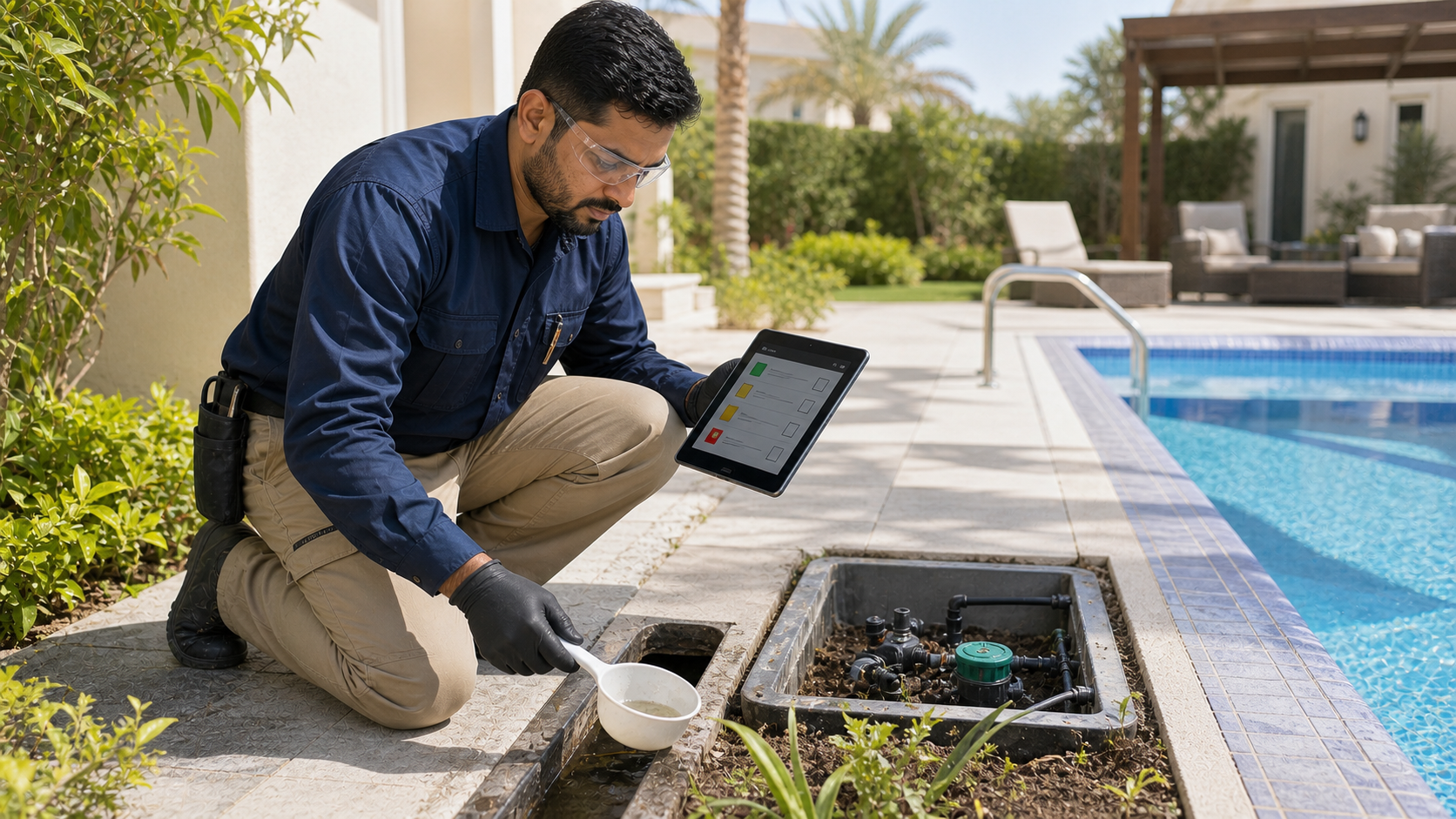male pest control supervisor checking standing water near a Dubai villa pool and irrigation box