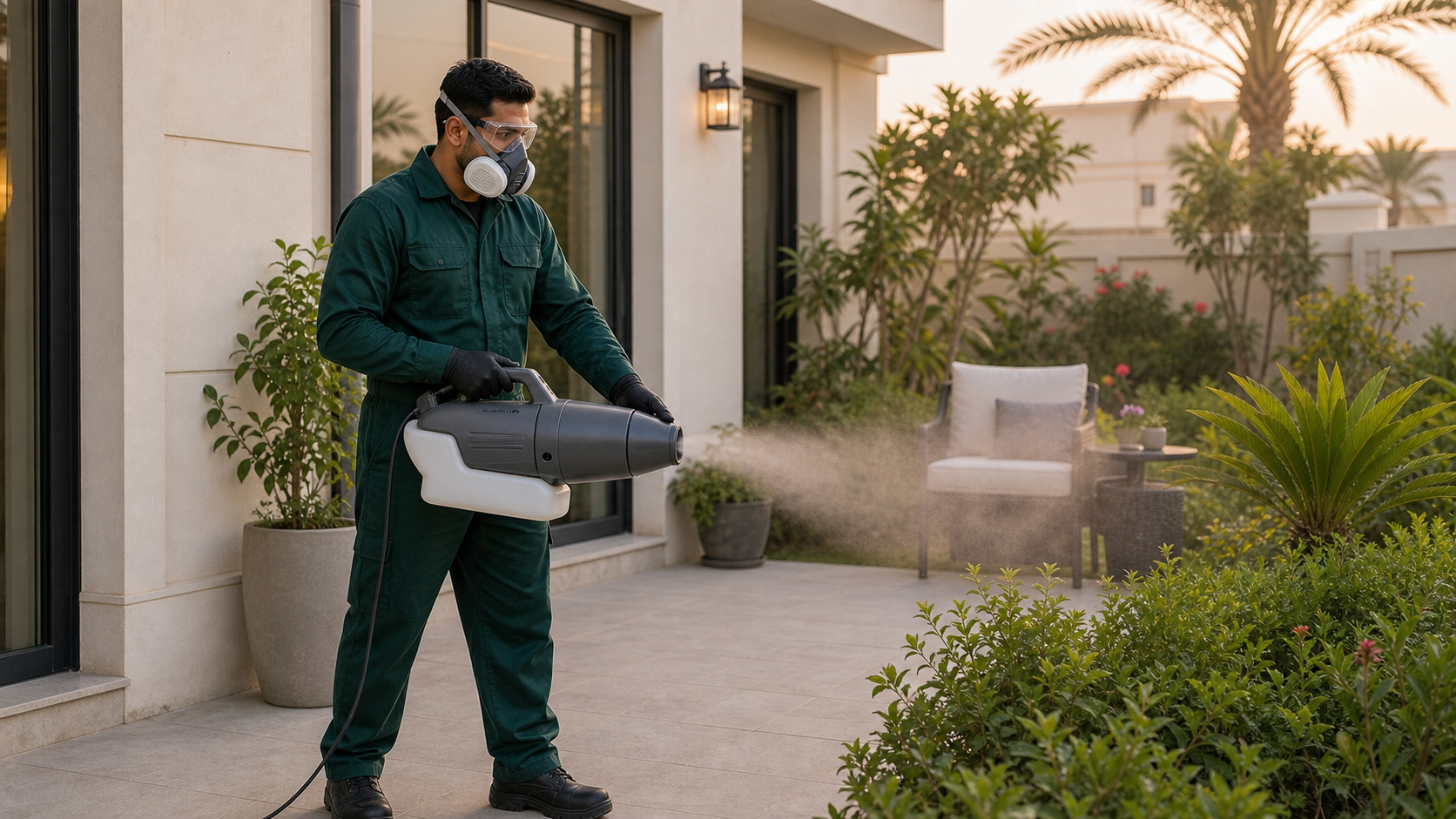pest control technician treating a villa garden for mosquitoes in Dubai