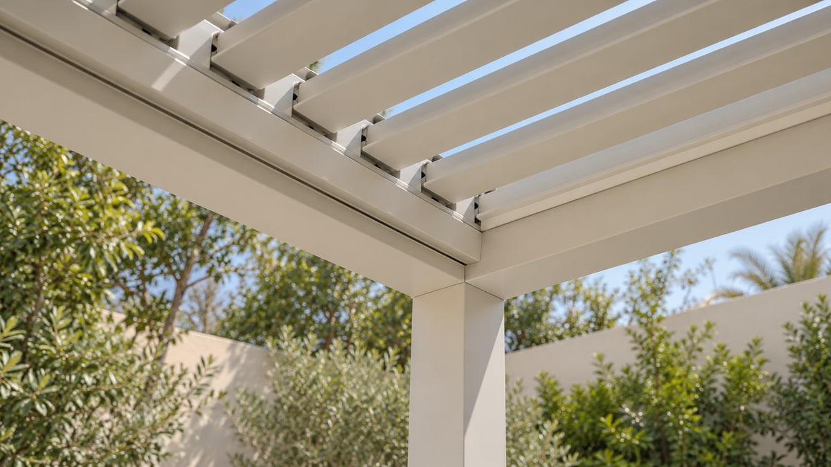 Close view of an ivory pergola post, perimeter beams and adjustable roof louvres