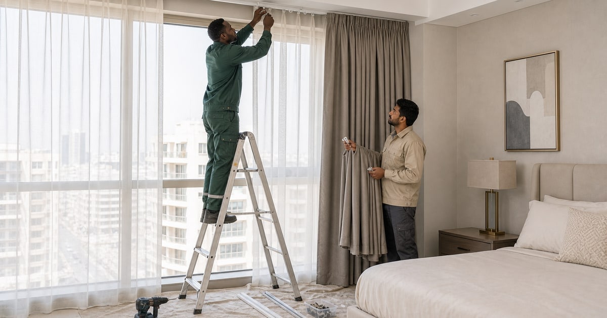 Two distinct technicians checking curtain supports beside a window