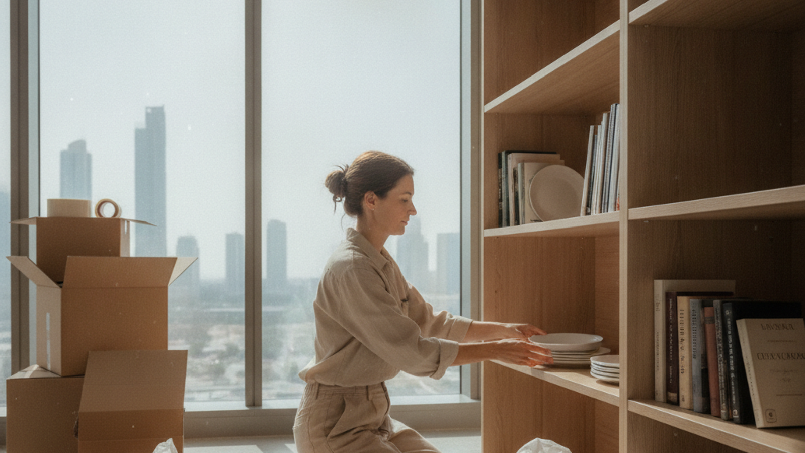 organizer unpacking moving boxes and arranging shelves in a Dubai apartment