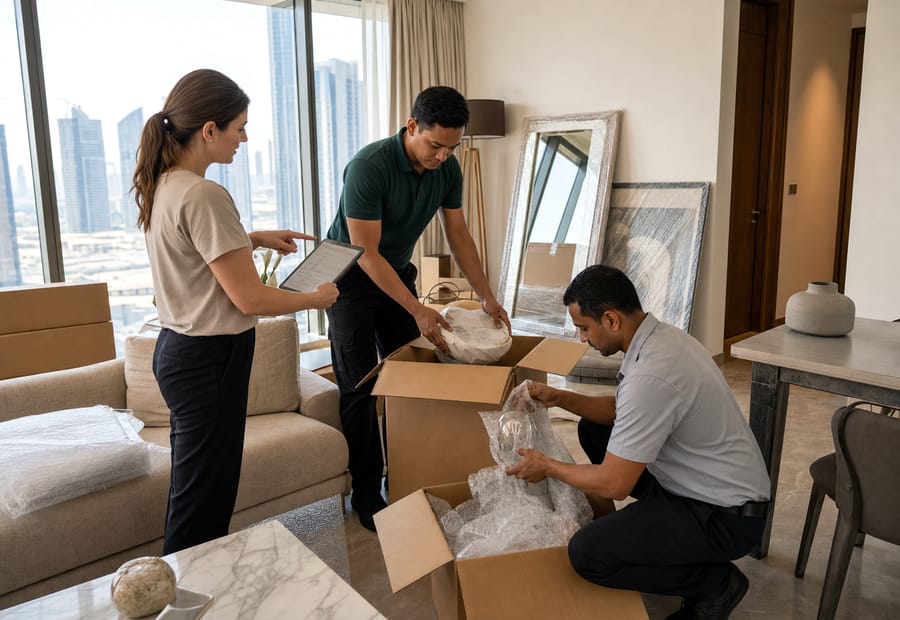 Dubai apartment movers packing fragile household items before moving day