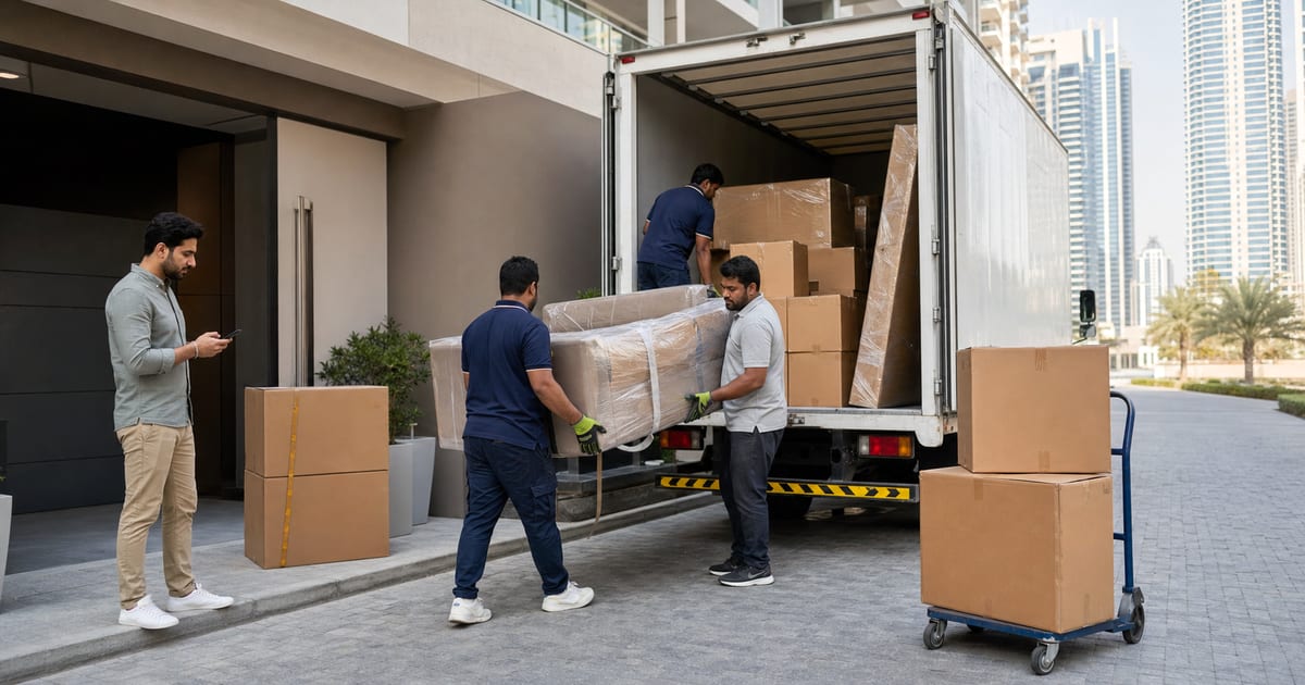 Moving truck and trolley at a reserved loading area of a Dubai residential building