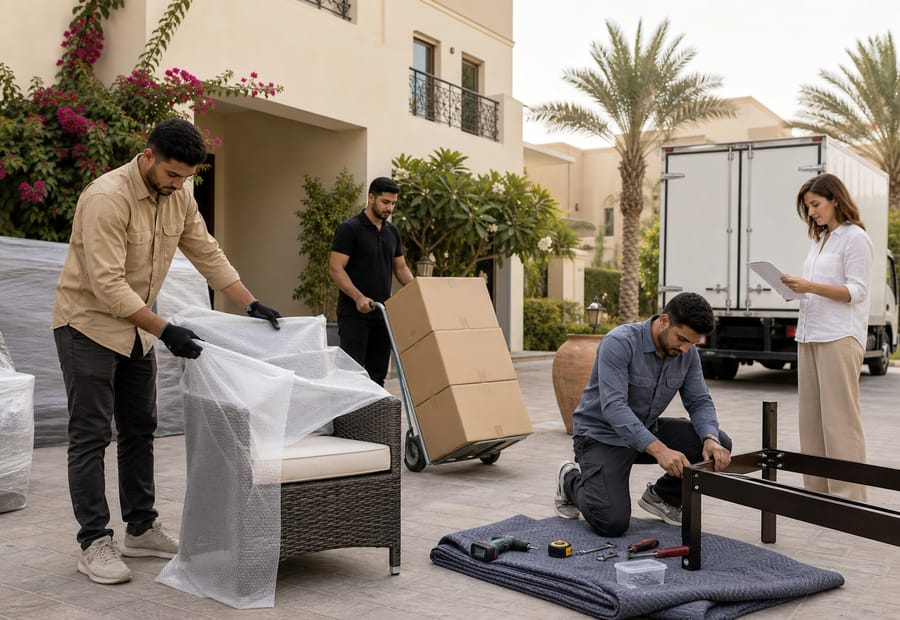 Villa movers in Dubai wrapping outdoor furniture and dismantling furniture before loading