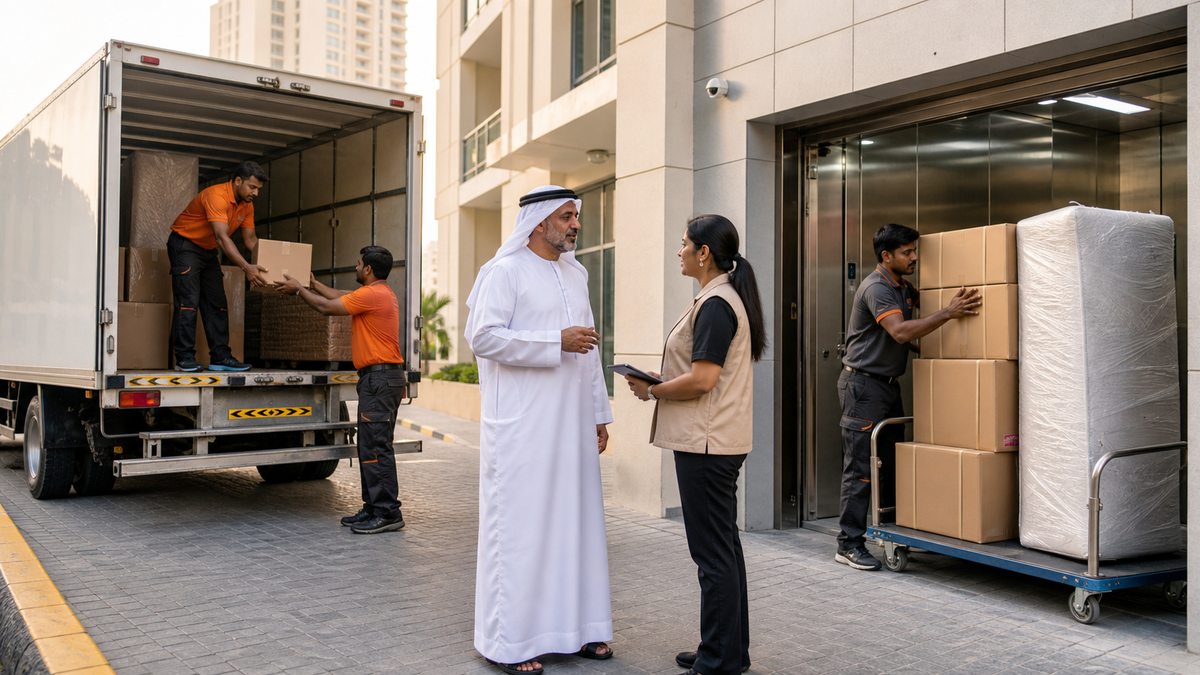 Movers preparing a truck and trolley at a Sharjah residential building