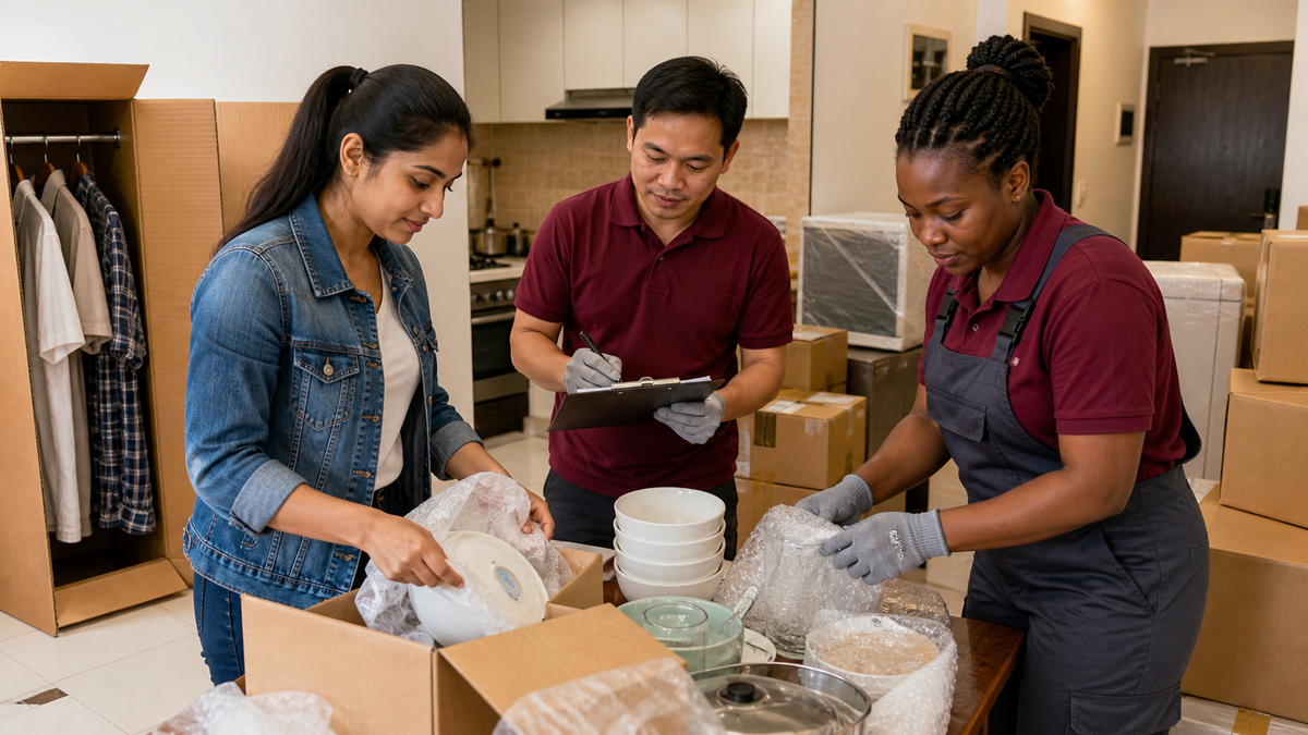 Mover and resident checking packed boxes before a Sharjah move