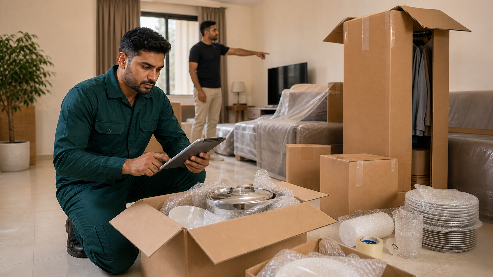 adult male mover checking a tablet inventory beside packed boxes before a UAE apartment move