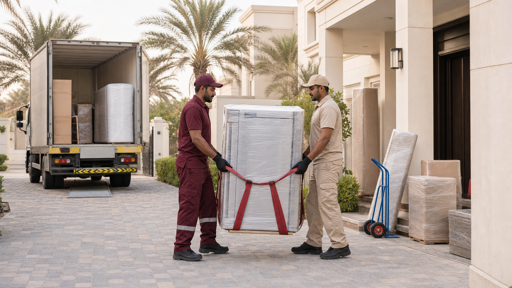 adult male movers carrying a wrapped appliance with lifting straps during a UAE villa move