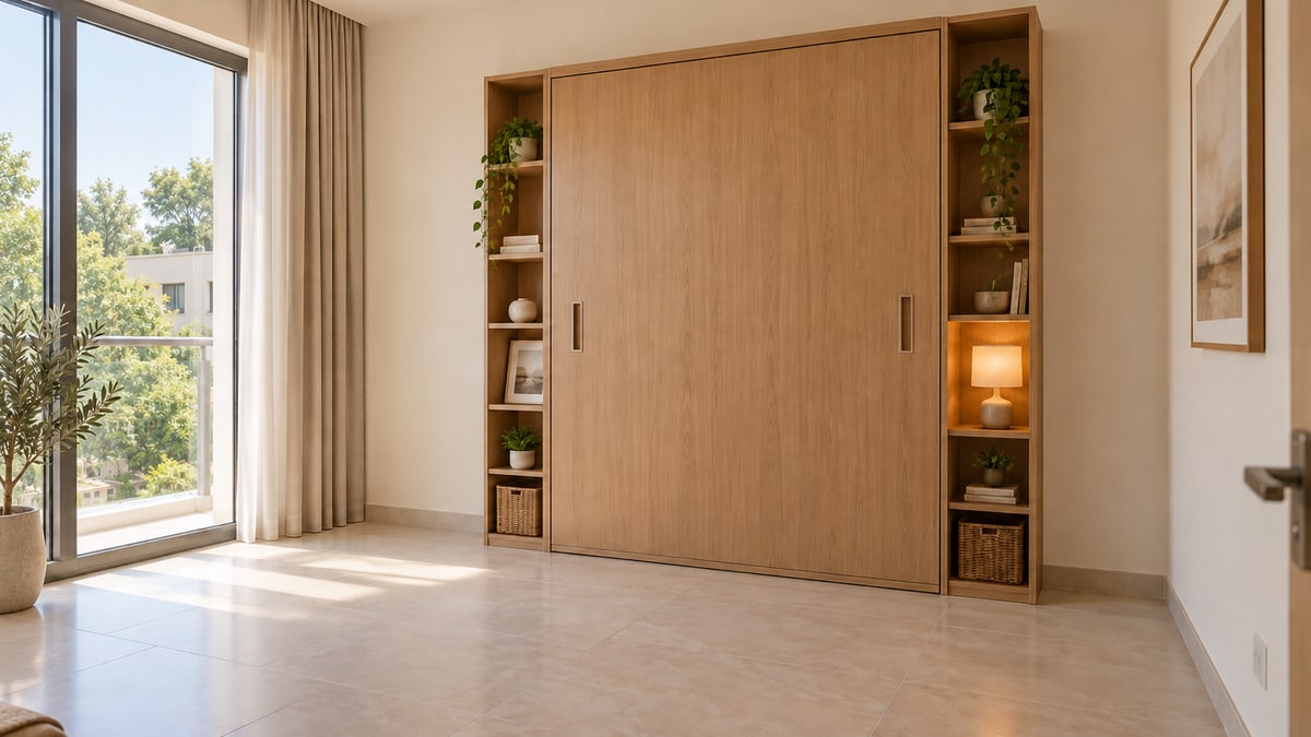 Closed oak wall-bed cabinet with symmetrical recessed handles and an unobstructed floor