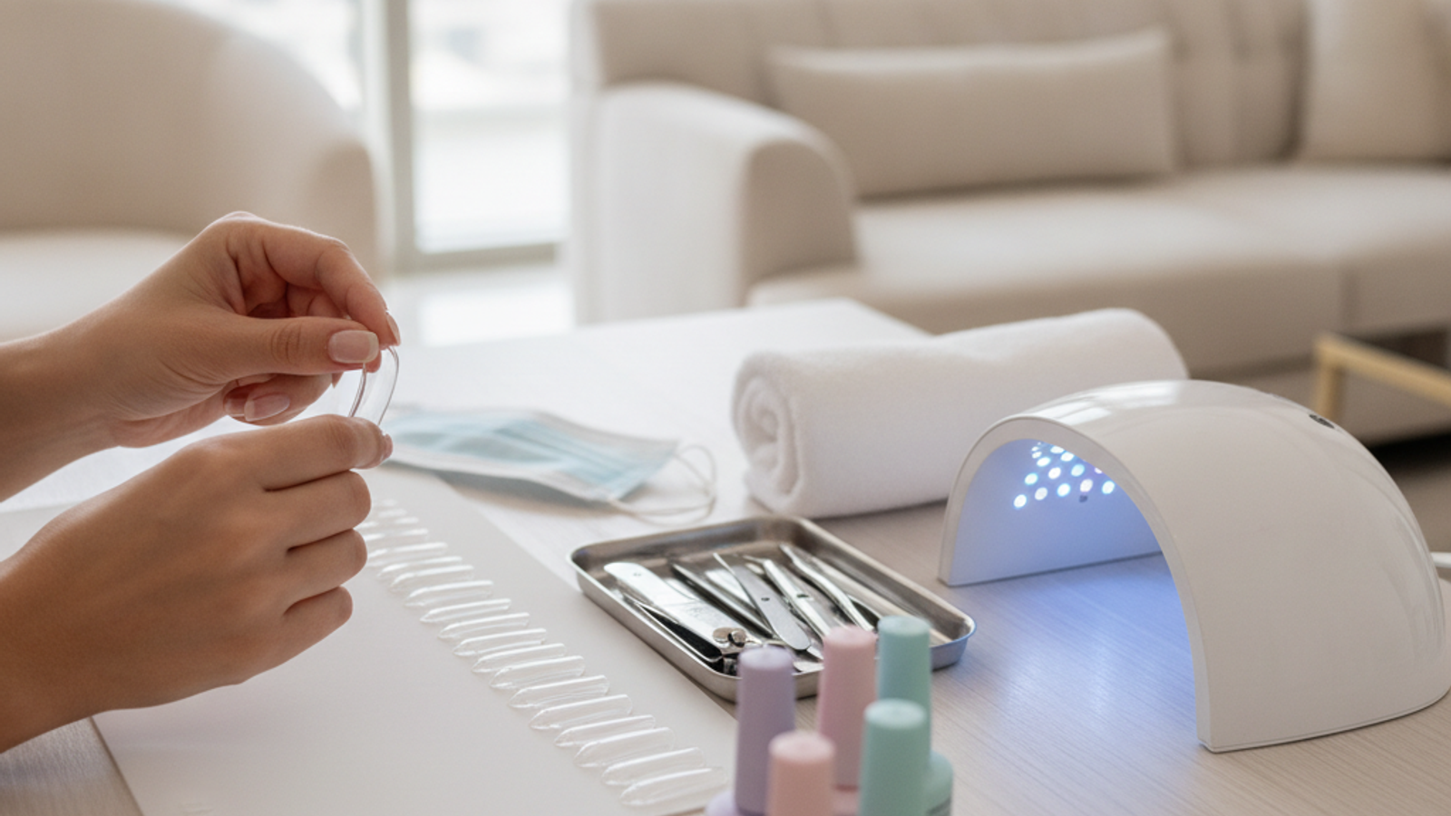 nail technician preparing nail extension tools for a Dubai home appointment