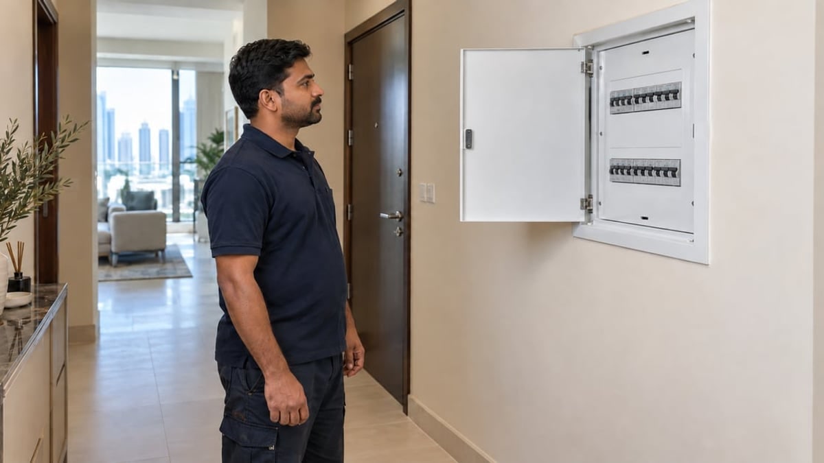 Electrician viewing the closed-front circuit area in an apartment