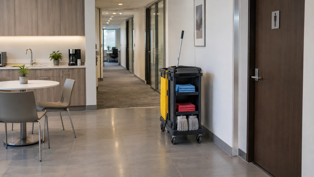 Cleaning cart with separated cloths beside an office pantry and closed washroom