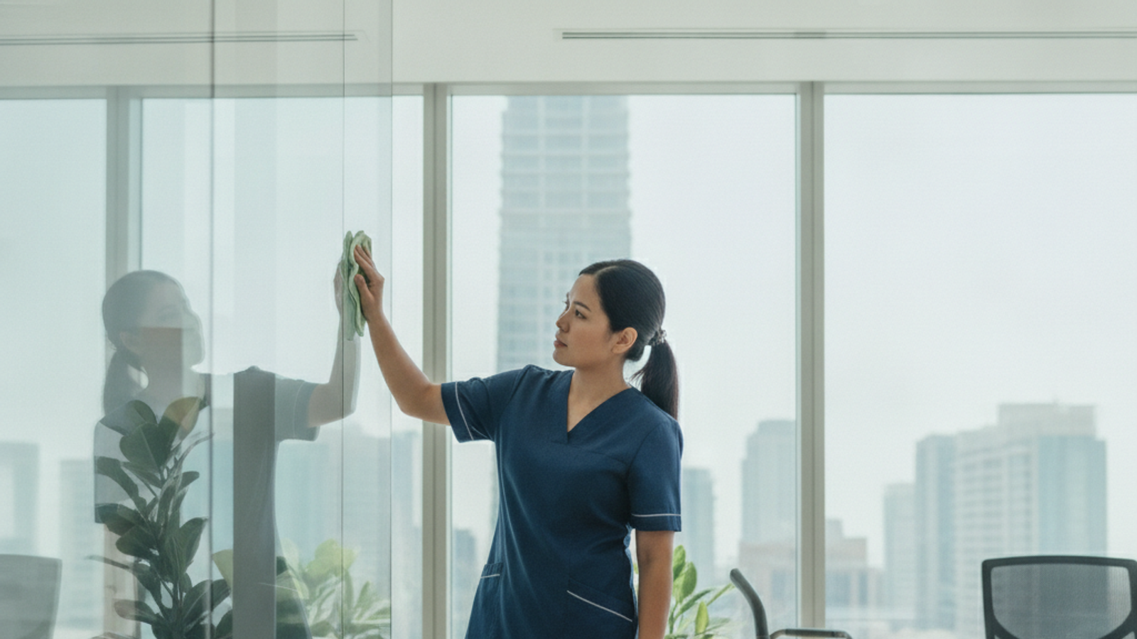 Filipina office cleaner wiping desks in a modern Dubai office