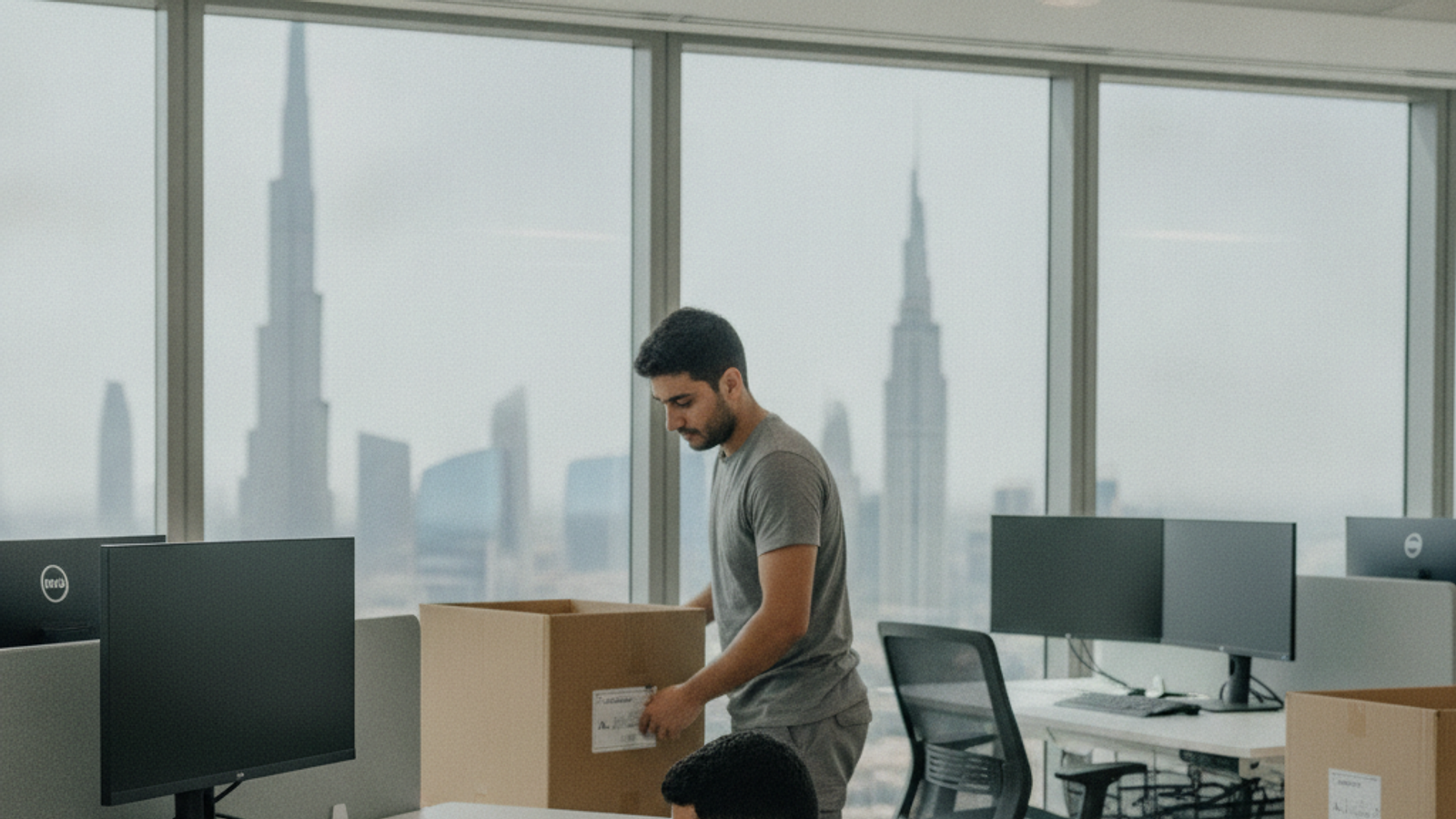 office movers setting up desks and monitors in a Dubai workplace