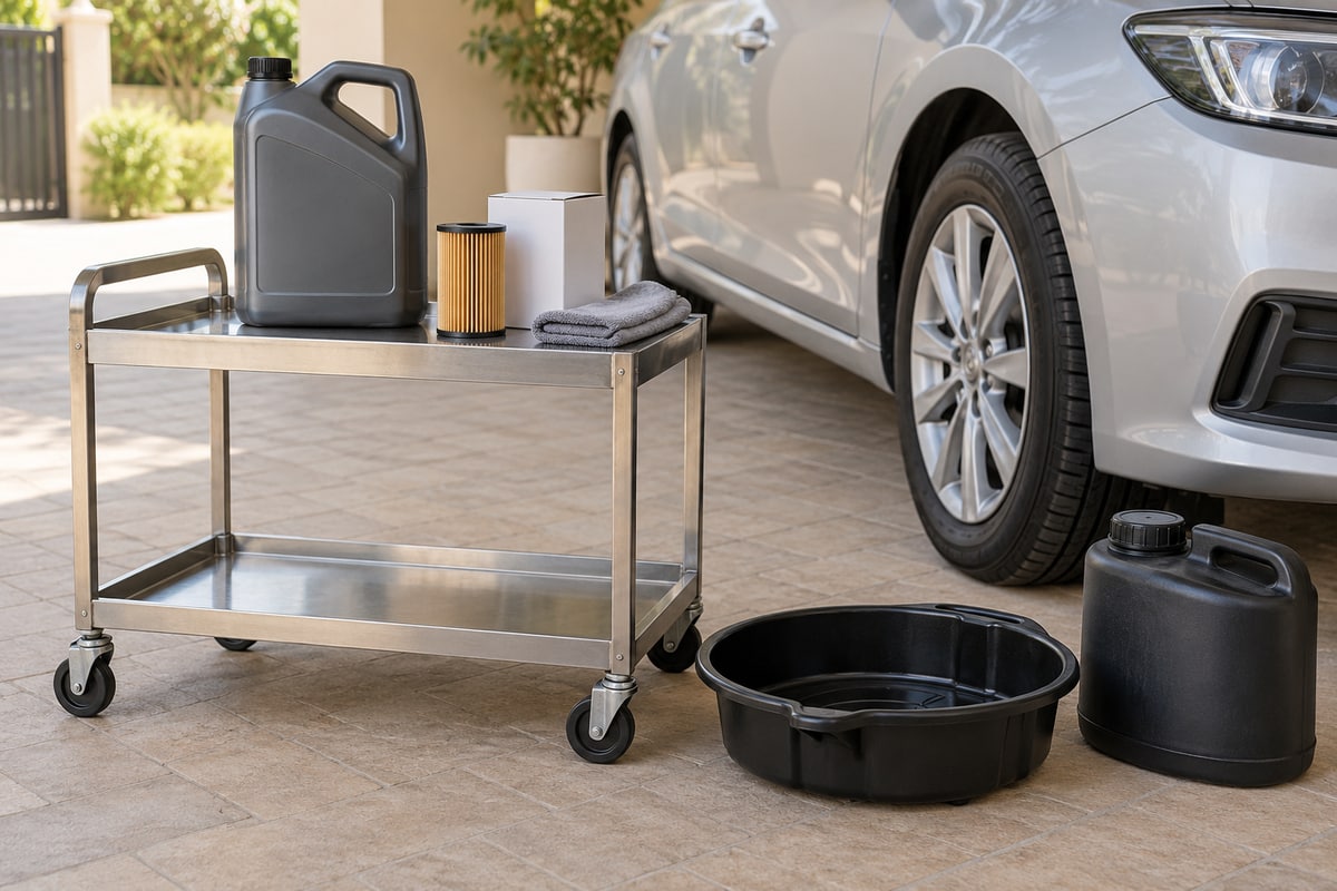 Oil container and cartridge filter on a trolley, with a drain pan and closed collection container on the ground beside a parked sedan.