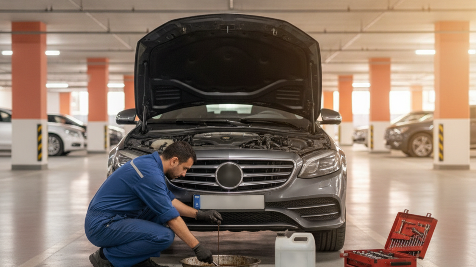 mobile mechanic performing an oil change at a Dubai parking space