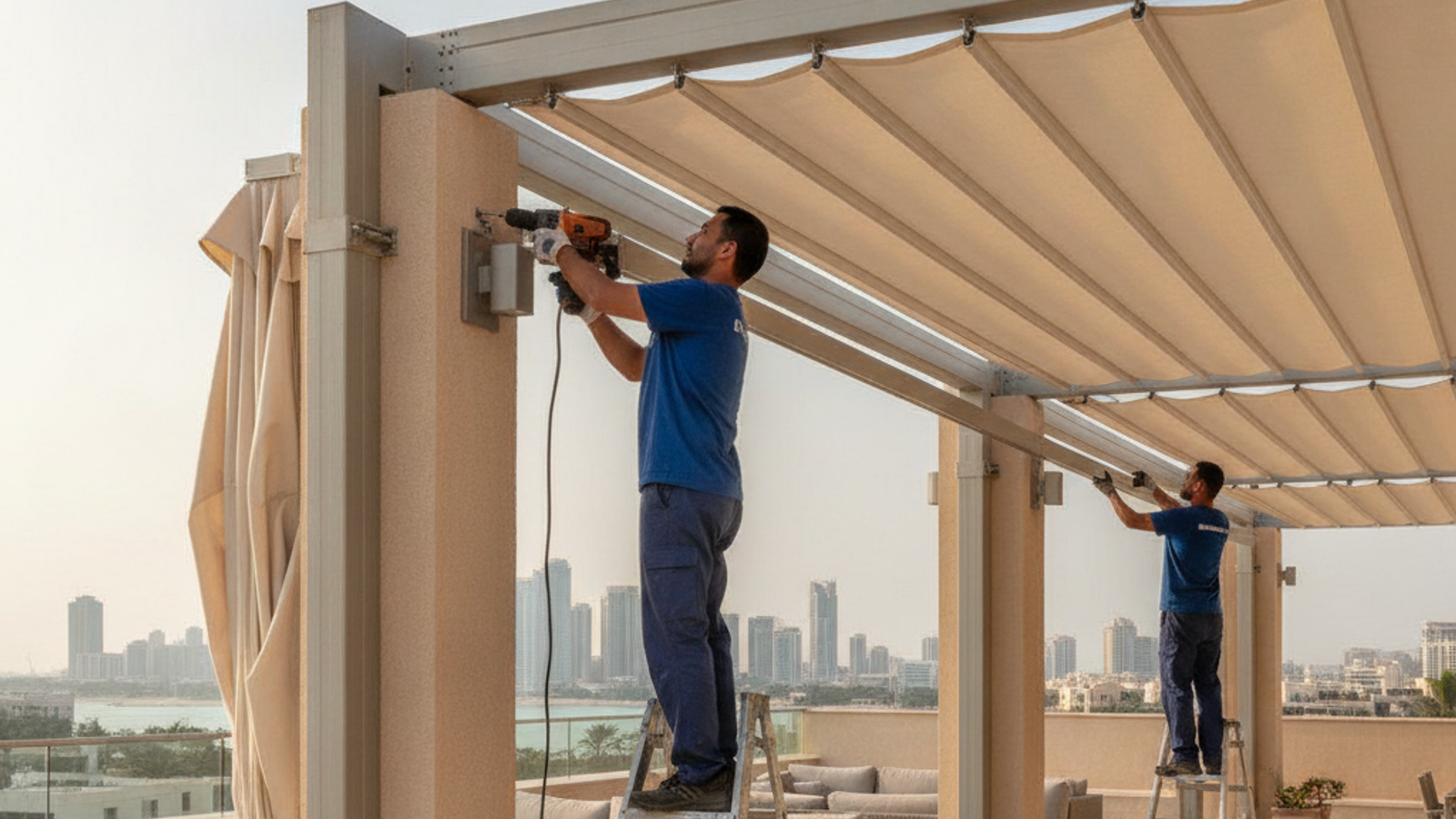 technicians installing a retractable outdoor patio cover in Dubai