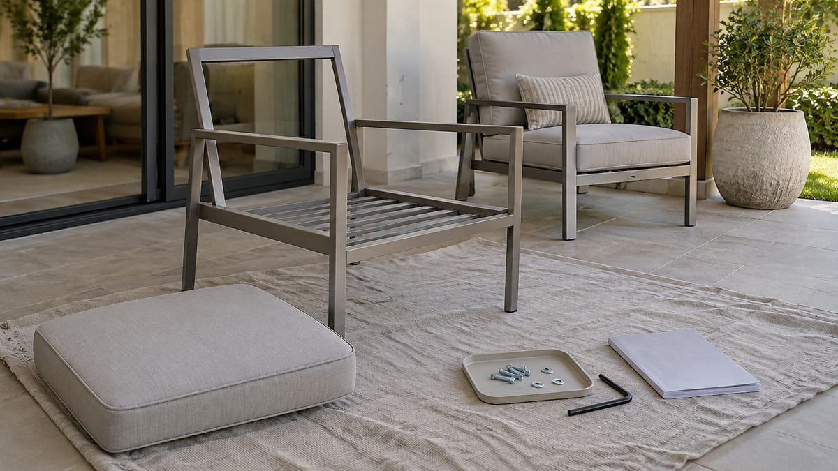 Outdoor chair frame beside its removed seat cushion and a matching cushioned chair