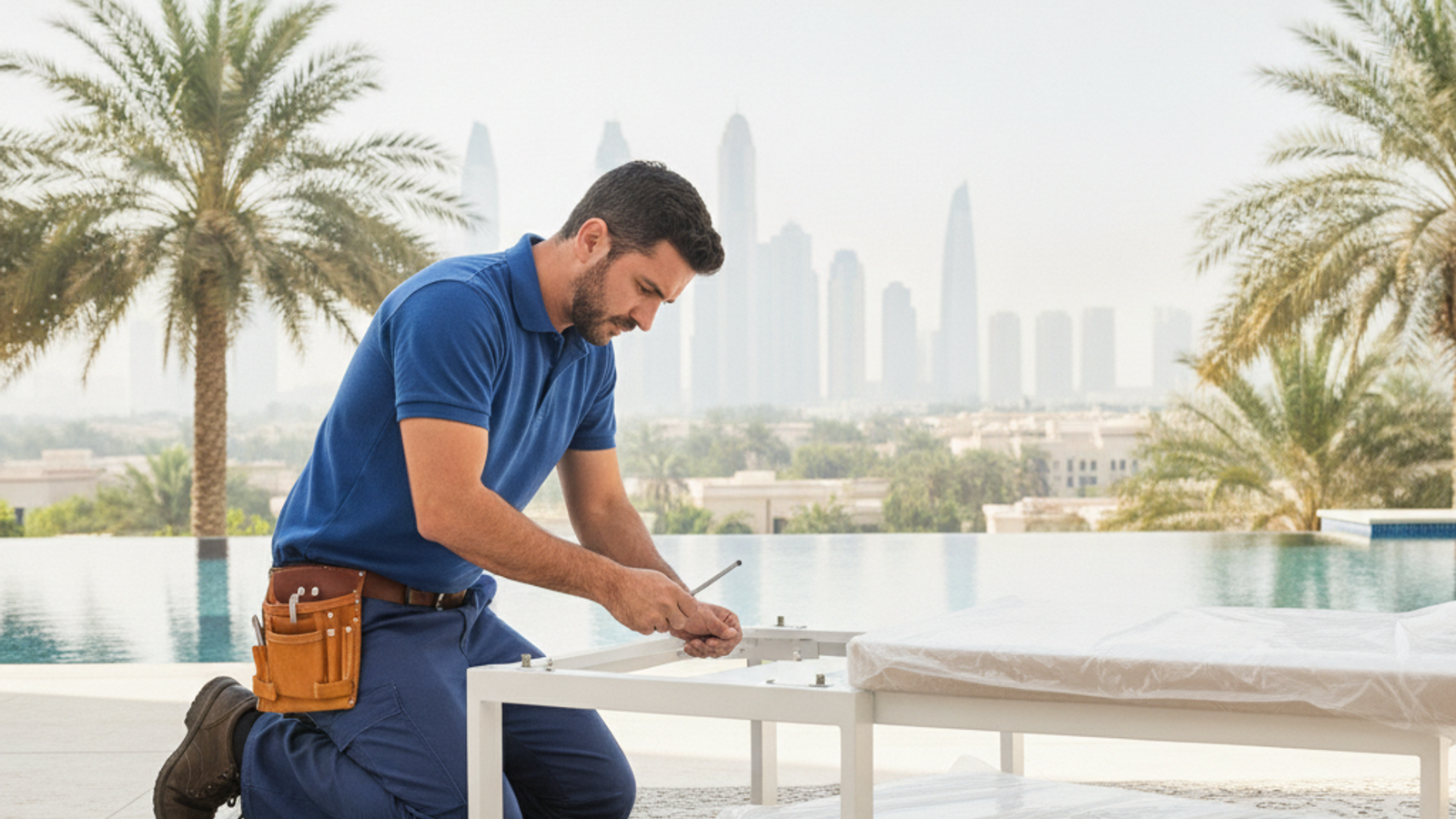 handyman assembling outdoor patio furniture on a Dubai terrace