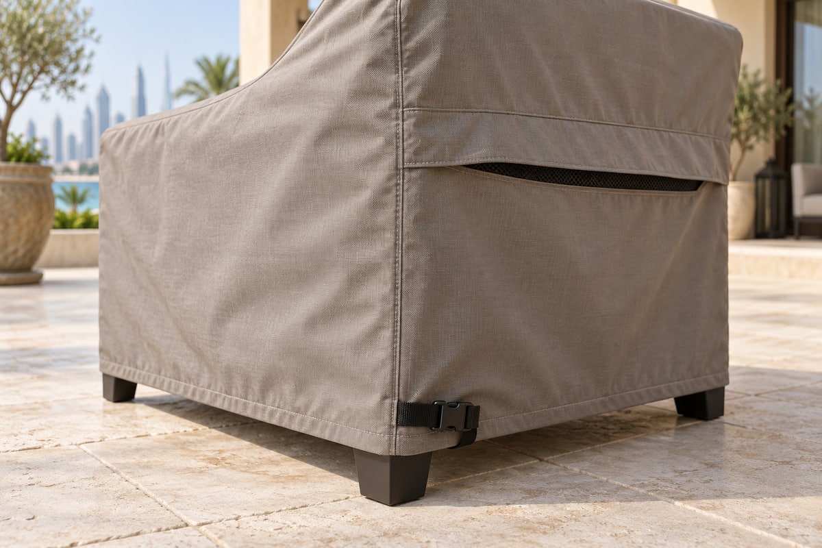 Stitched corner, covered vent and buckle on a taupe outdoor armchair protective cover