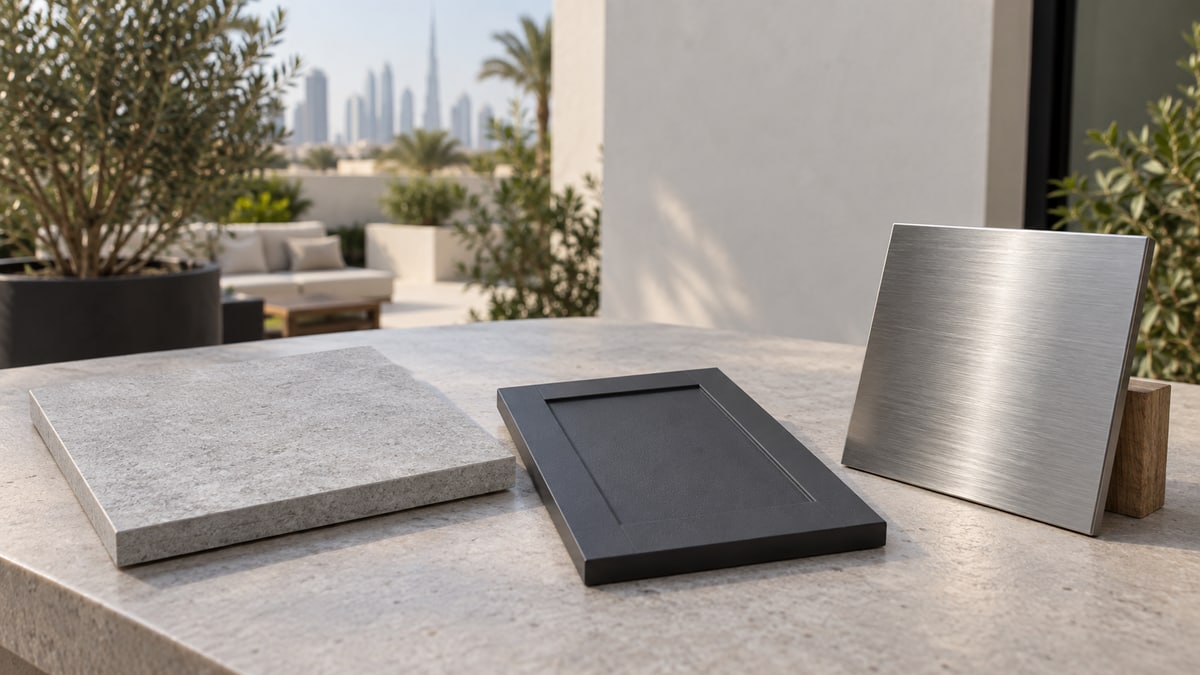 Porcelain countertop, dark cabinet-front and brushed metal samples arranged on a work surface