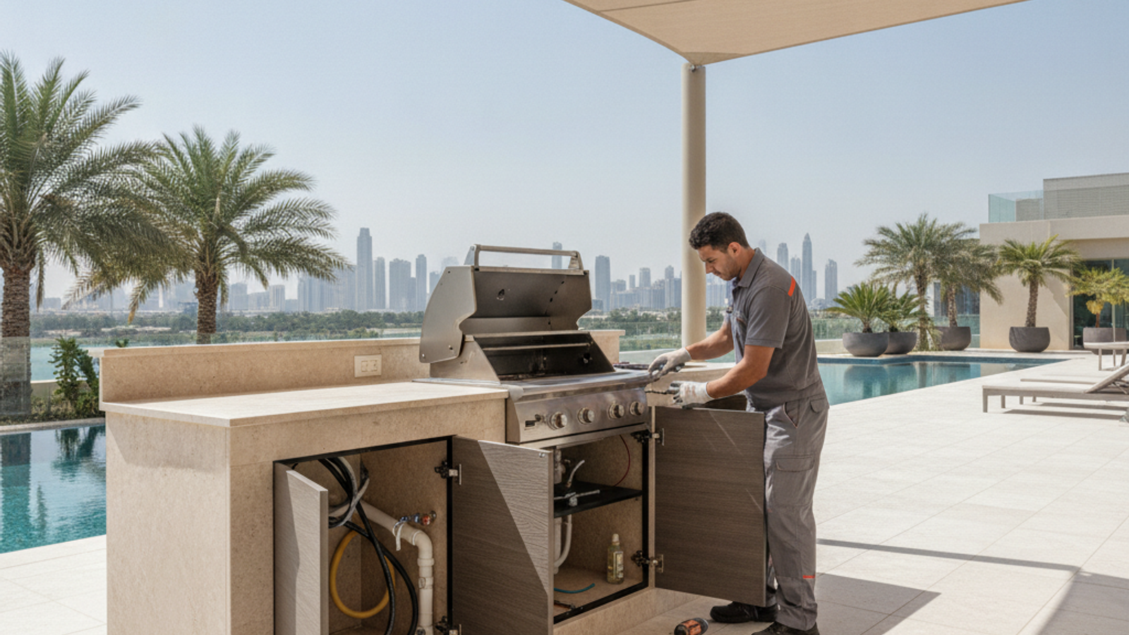 installer fitting outdoor kitchen cabinets on a Dubai villa terrace