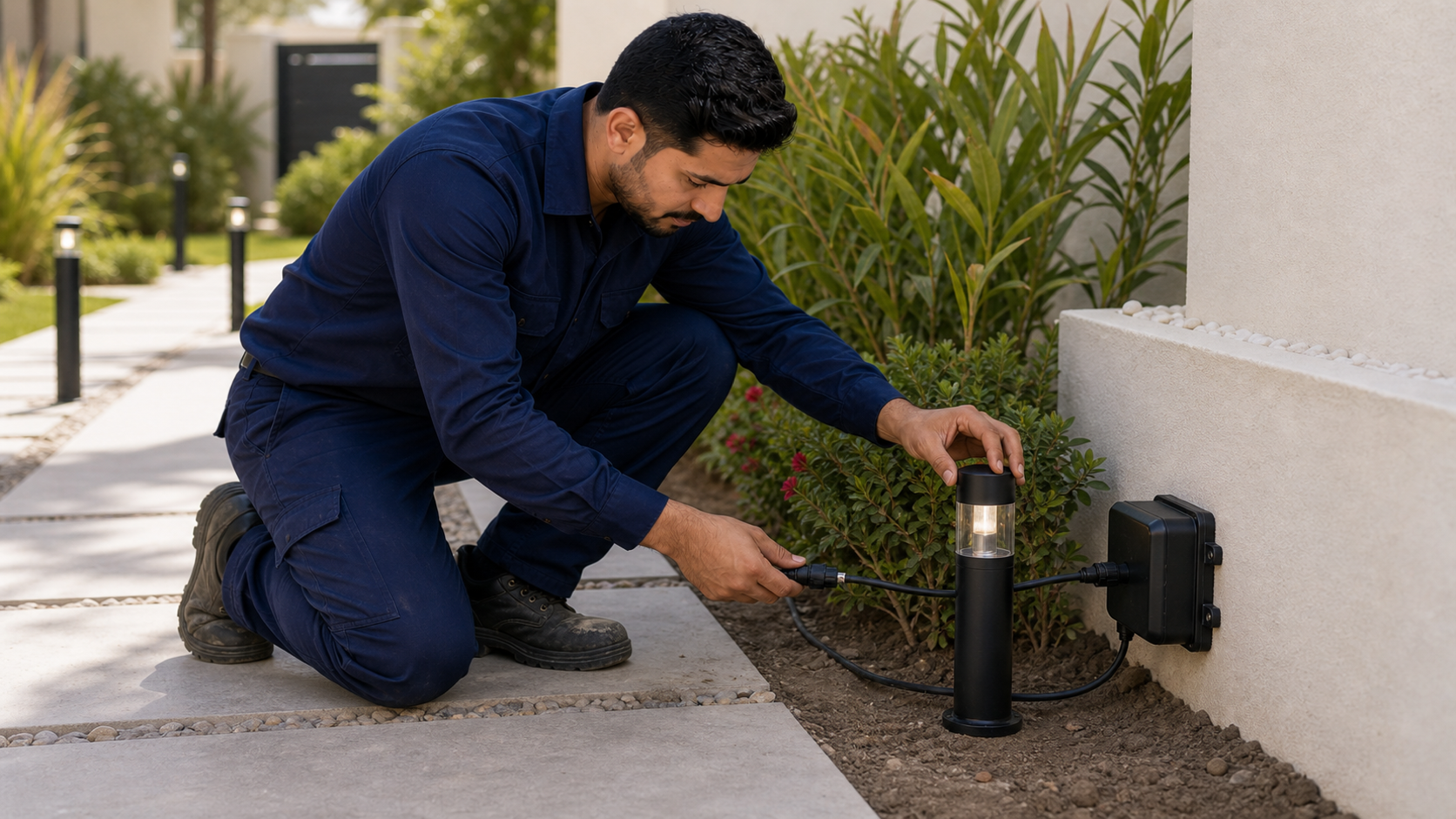 male technician checking outdoor lighting cable route and waterproof junction box in Dubai