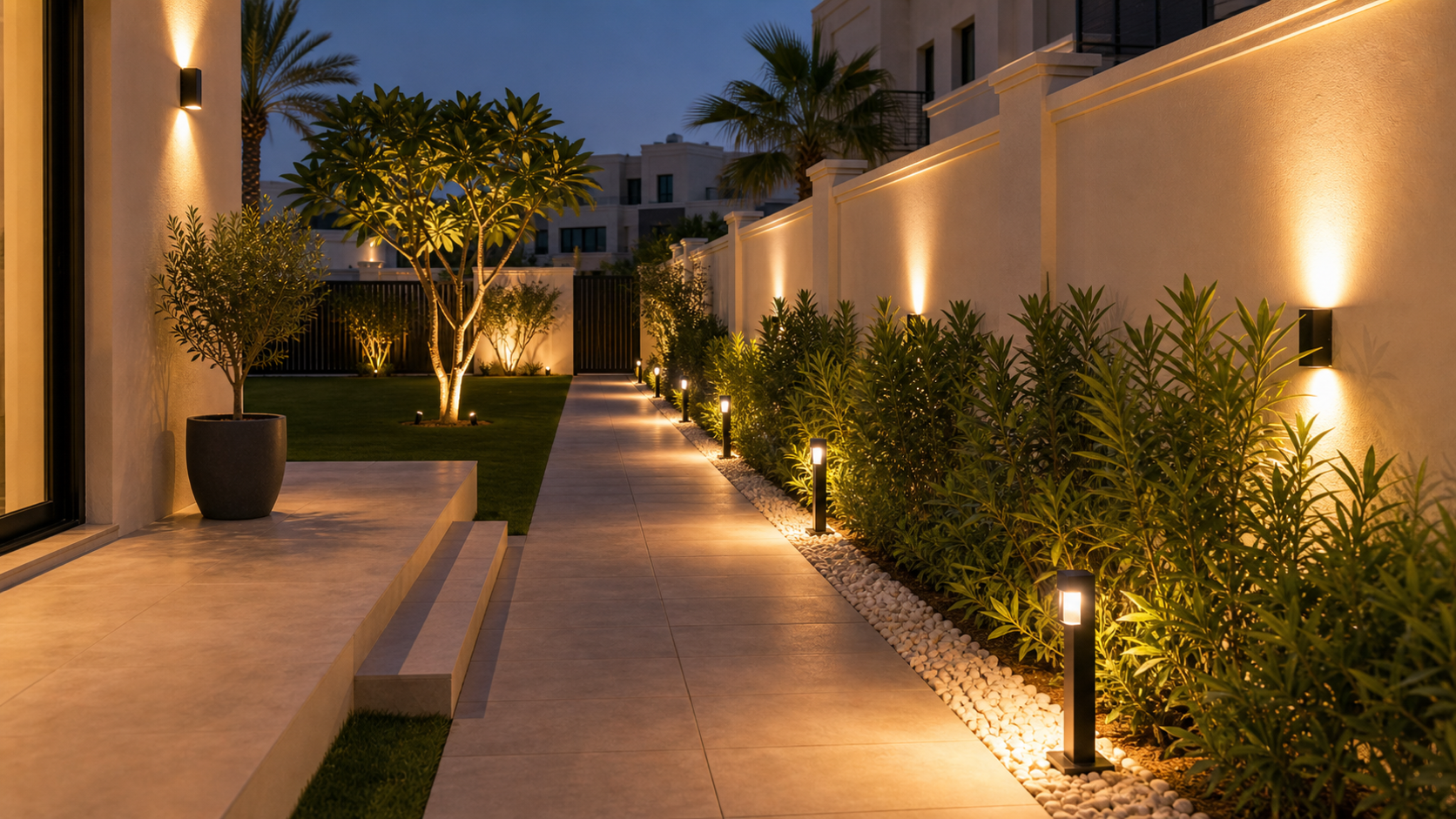 finished Dubai villa pathway lighting with discreet warm fixtures at dusk