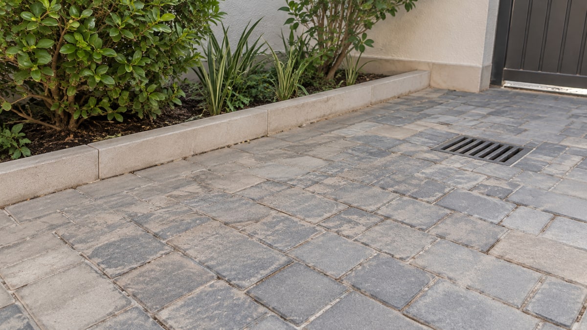 Concrete pavers with visible joints beside a planting border and drain grate